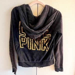 PINK Victoria’s Secret Gold Sequin Bling Black Velour Zip-Up